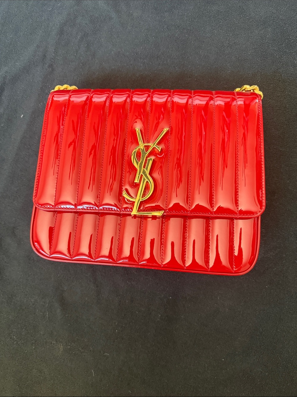 Saint Laurent Glossy Quilted Patent Shoulder Bag in Red with Gold Hardware